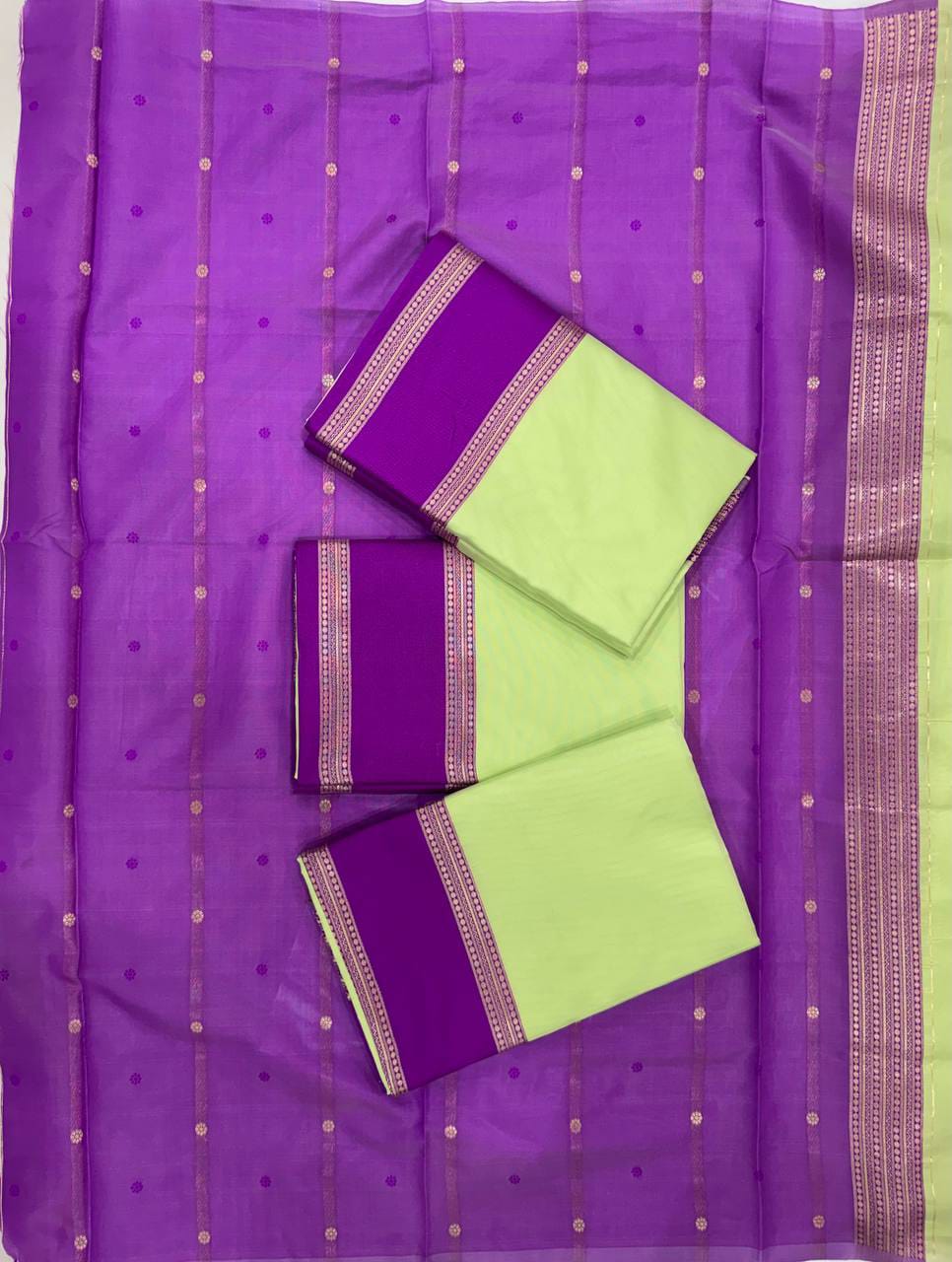 Pista Green Soft Lichi Silk Saree with Purple Contrast Zari Border & Rich Jacquard Pallu