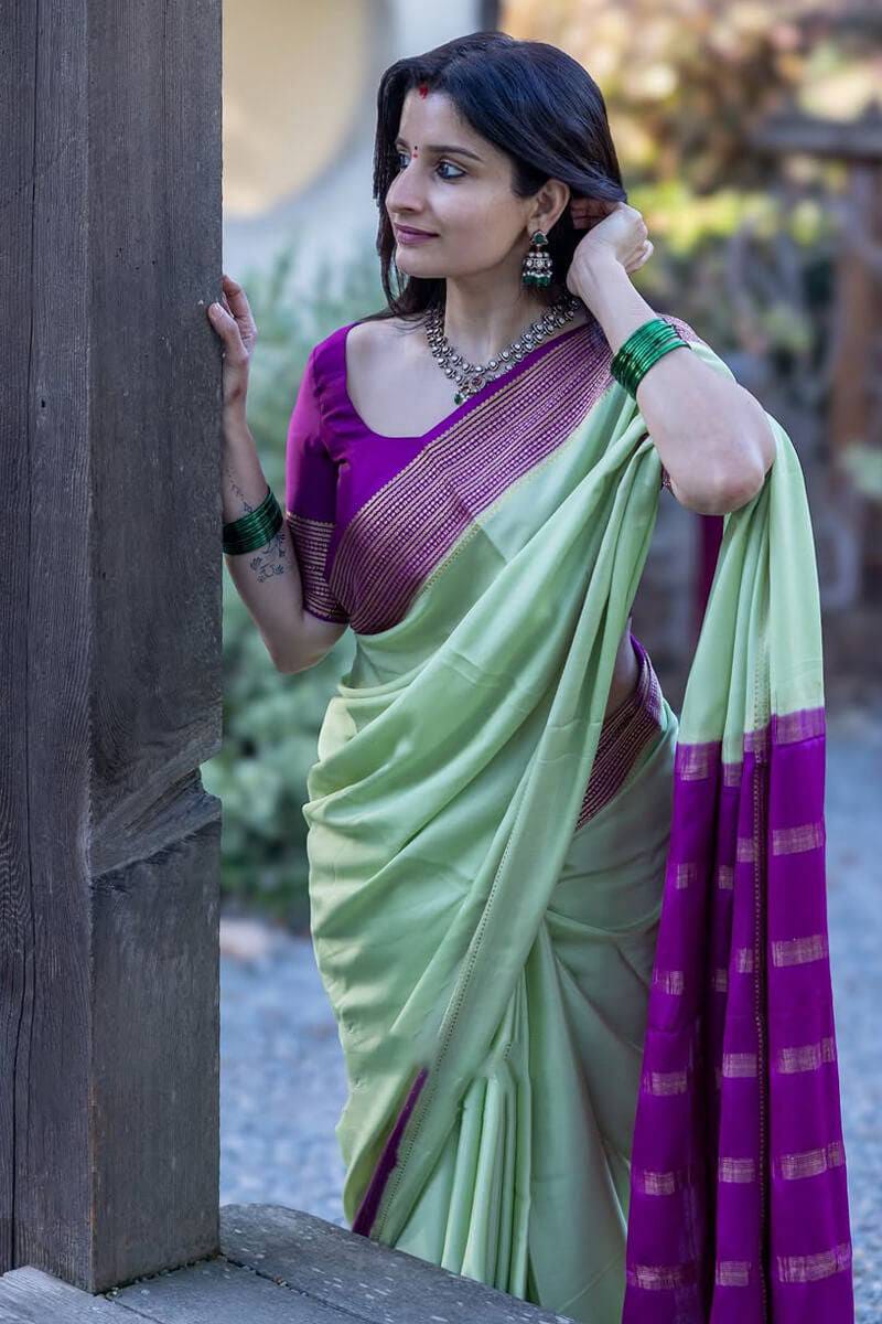 Pista Green Soft Lichi Silk Saree with Purple Contrast Zari Border & Rich Jacquard Pallu