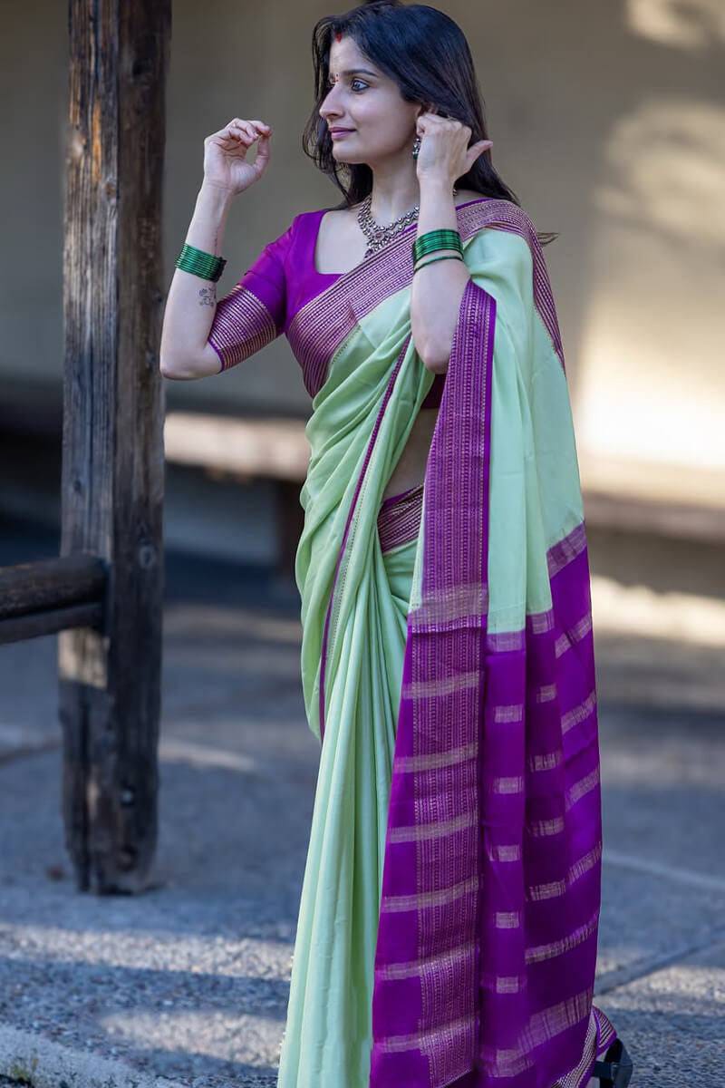 Pista Green Soft Lichi Silk Saree with Purple Contrast Zari Border & Rich Jacquard Pallu