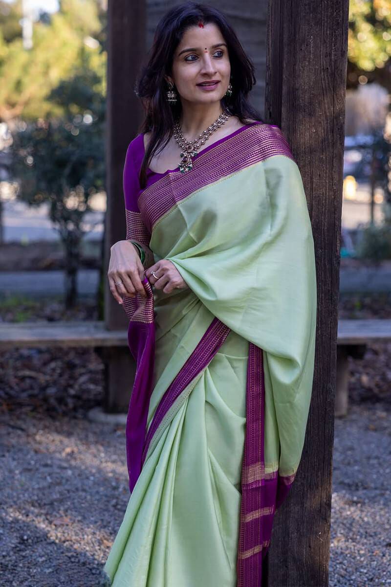 Pista Green Soft Lichi Silk Saree with Purple Contrast Zari Border & Rich Jacquard Pallu
