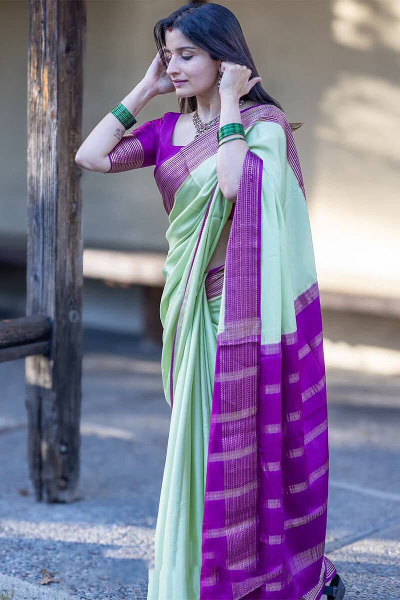Pista Green Soft Lichi Silk Saree with Purple Contrast Zari Border & Rich Jacquard Pallu