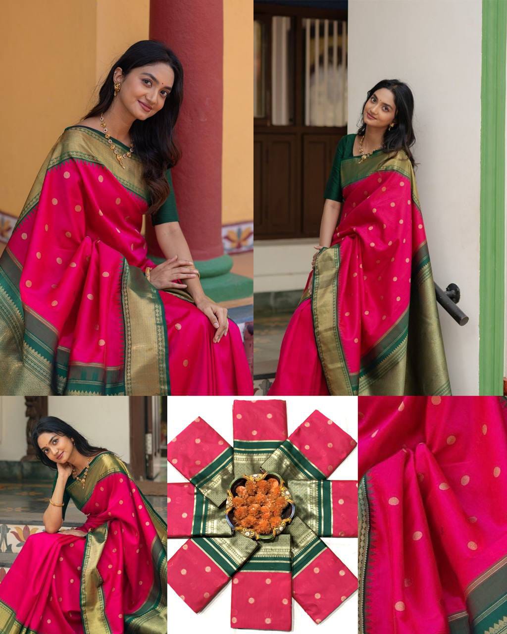 Festive Rani Pink Soft Lichi Silk Saree with Bottle Green Contrast Zari Border & Rich Jacquard Pallu