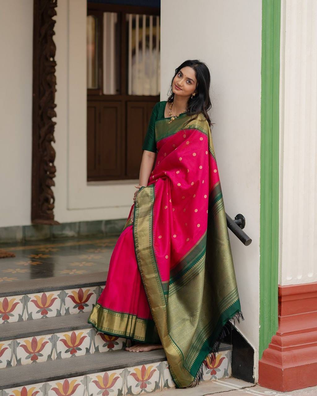 Festive Rani Pink Soft Lichi Silk Saree with Bottle Green Contrast Zari Border & Rich Jacquard Pallu