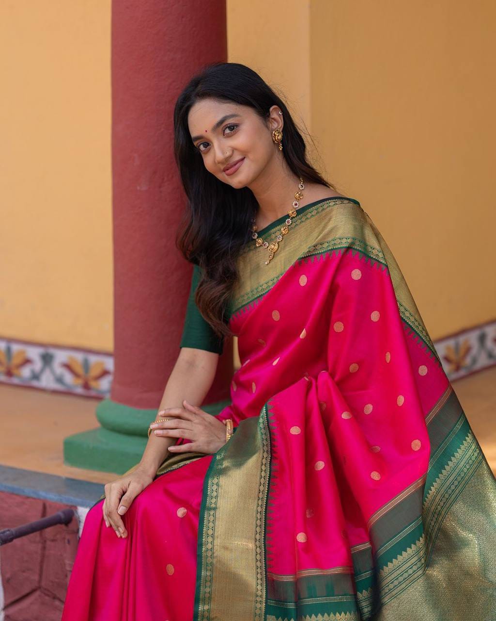 Festive Rani Pink Soft Lichi Silk Saree with Bottle Green Contrast Zari Border & Rich Jacquard Pallu