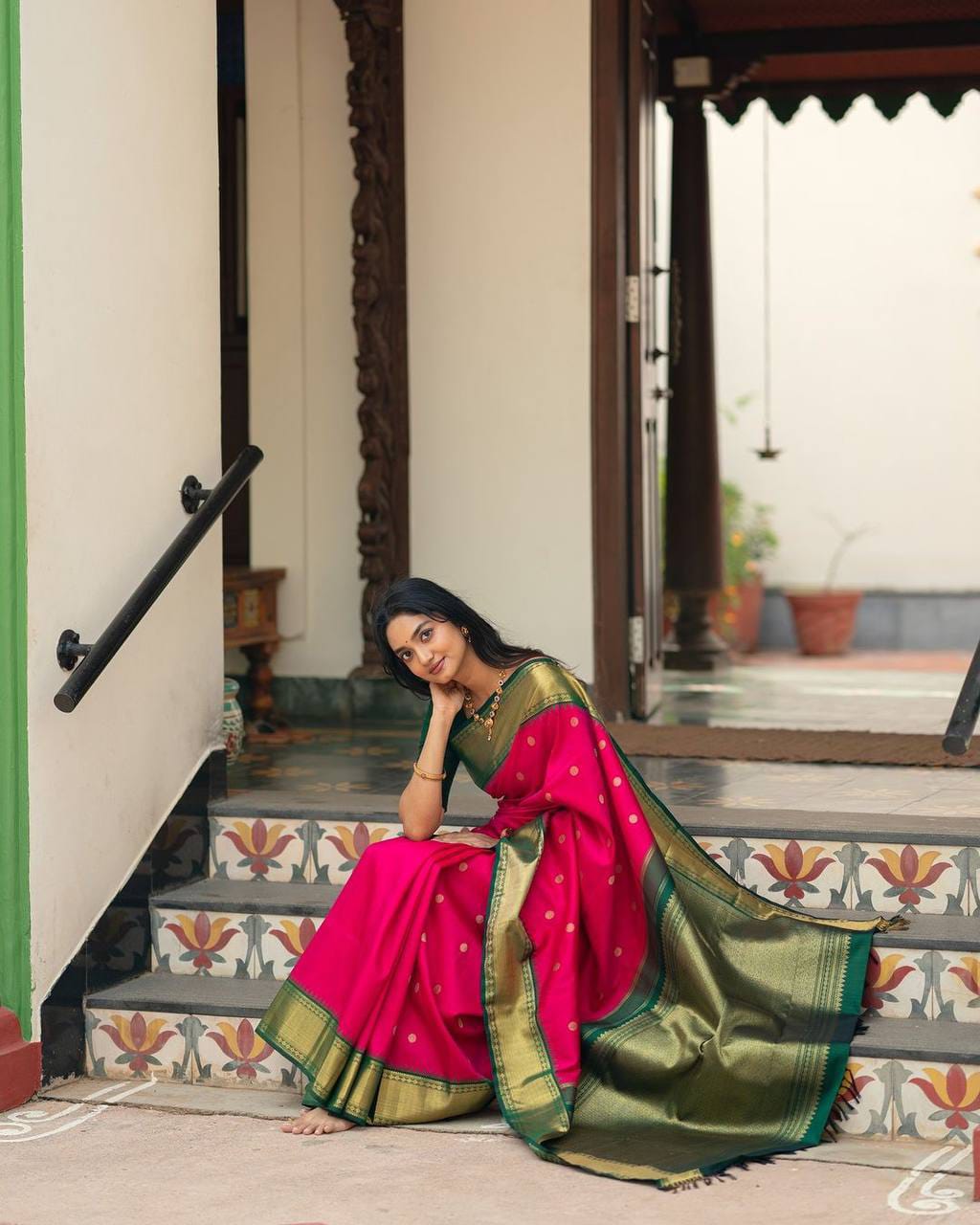 Festive Rani Pink Soft Lichi Silk Saree with Bottle Green Contrast Zari Border & Rich Jacquard Pallu
