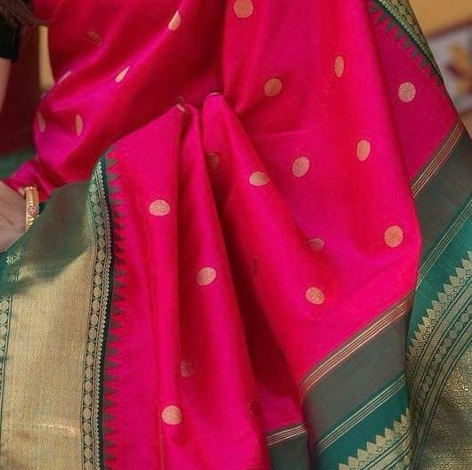 Festive Rani Pink Soft Lichi Silk Saree with Bottle Green Contrast Zari Border & Rich Jacquard Pallu