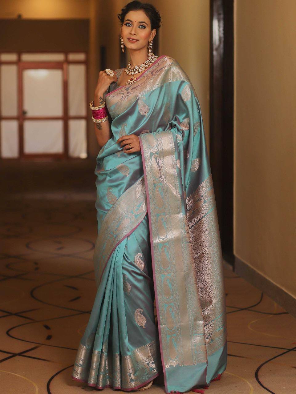 Pure Gold Zari Soft Lichi Silk Saree with Traditional Paisley Butta & Rich Woven Jacquard Pallu