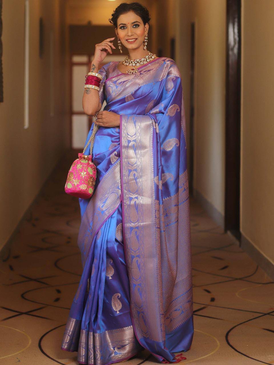 Pure Gold Zari Soft Lichi Silk Saree with Traditional Paisley Butta & Rich Woven Jacquard Pallu
