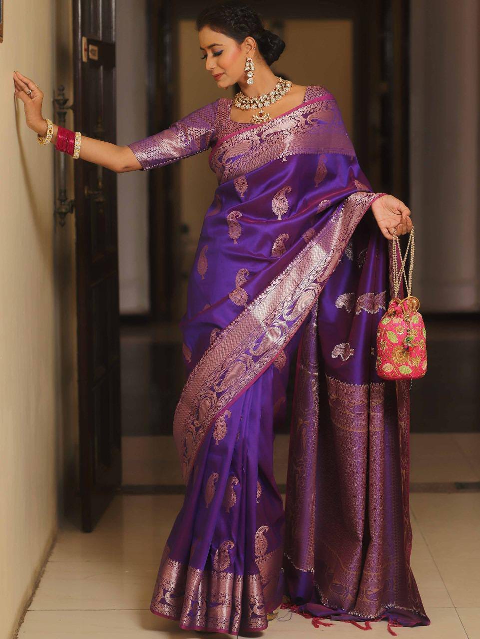 Pure Gold Zari Soft Lichi Silk Saree with Traditional Paisley Butta & Rich Woven Jacquard Pallu