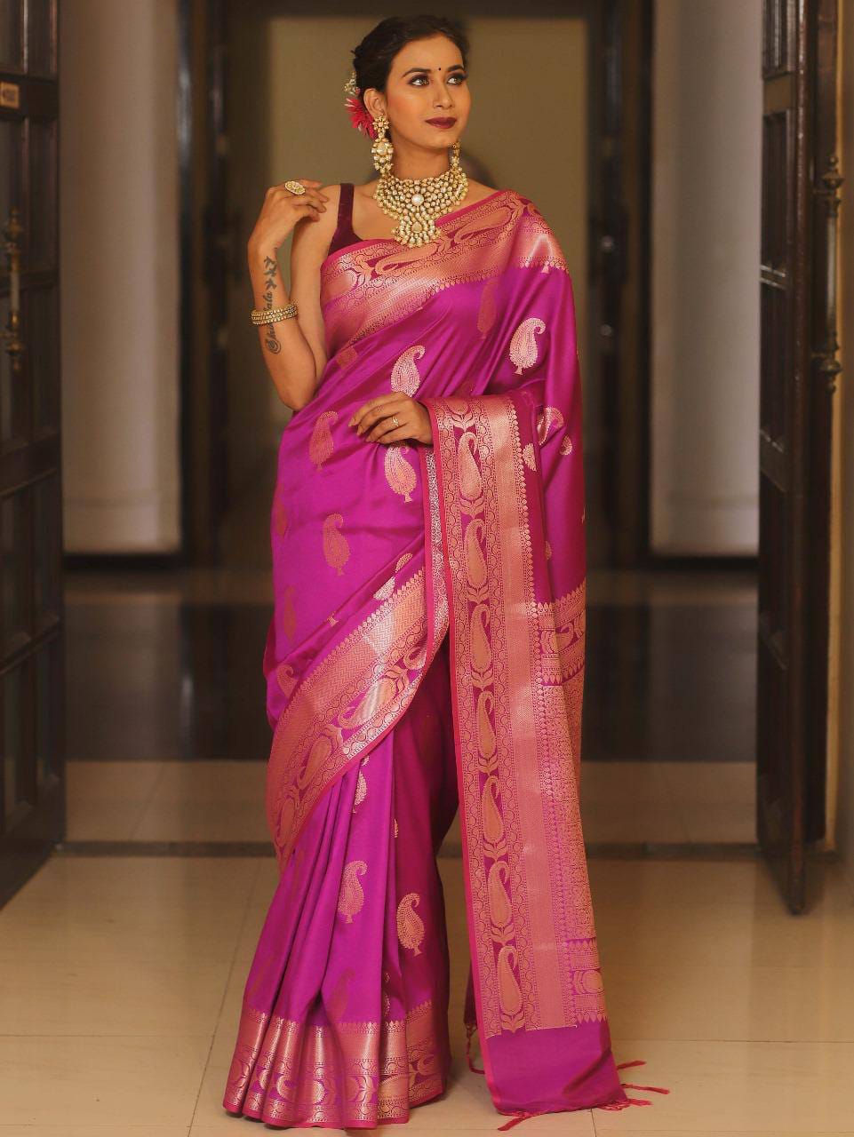 Pure Gold Zari Soft Lichi Silk Saree with Traditional Paisley Butta & Rich Woven Jacquard Pallu