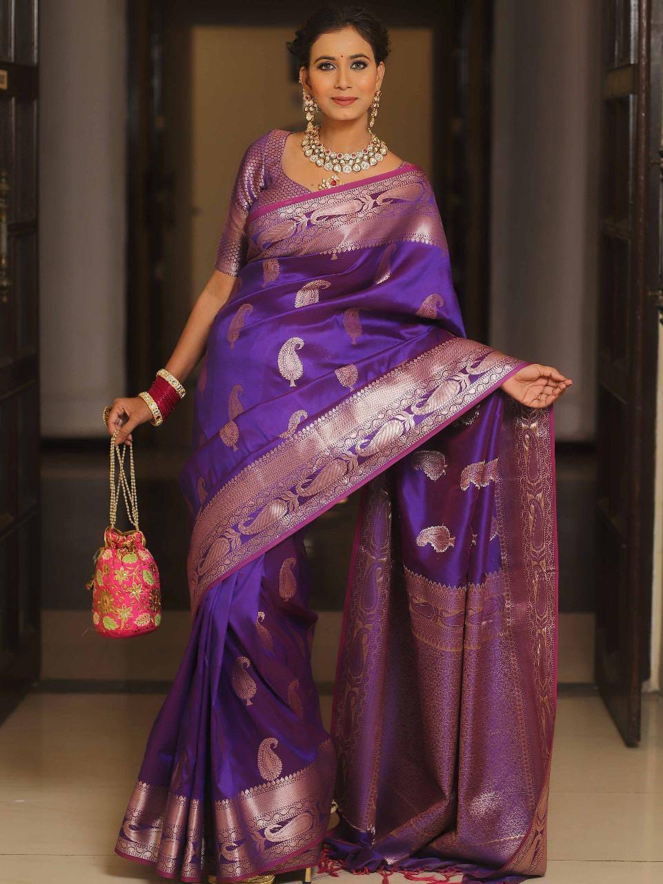 Pure Gold Zari Soft Lichi Silk Saree with Traditional Paisley Butta & Rich Woven Jacquard Pallu