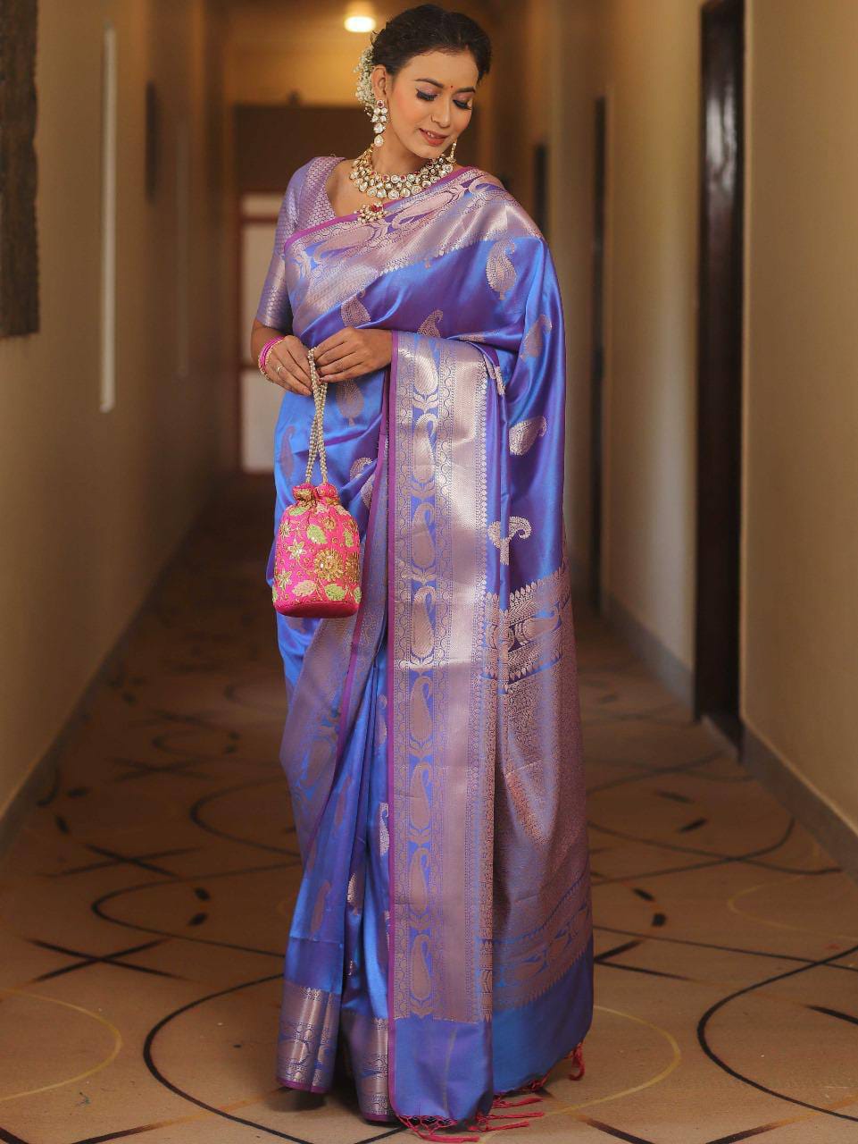 Pure Gold Zari Soft Lichi Silk Saree with Traditional Paisley Butta & Rich Woven Jacquard Pallu