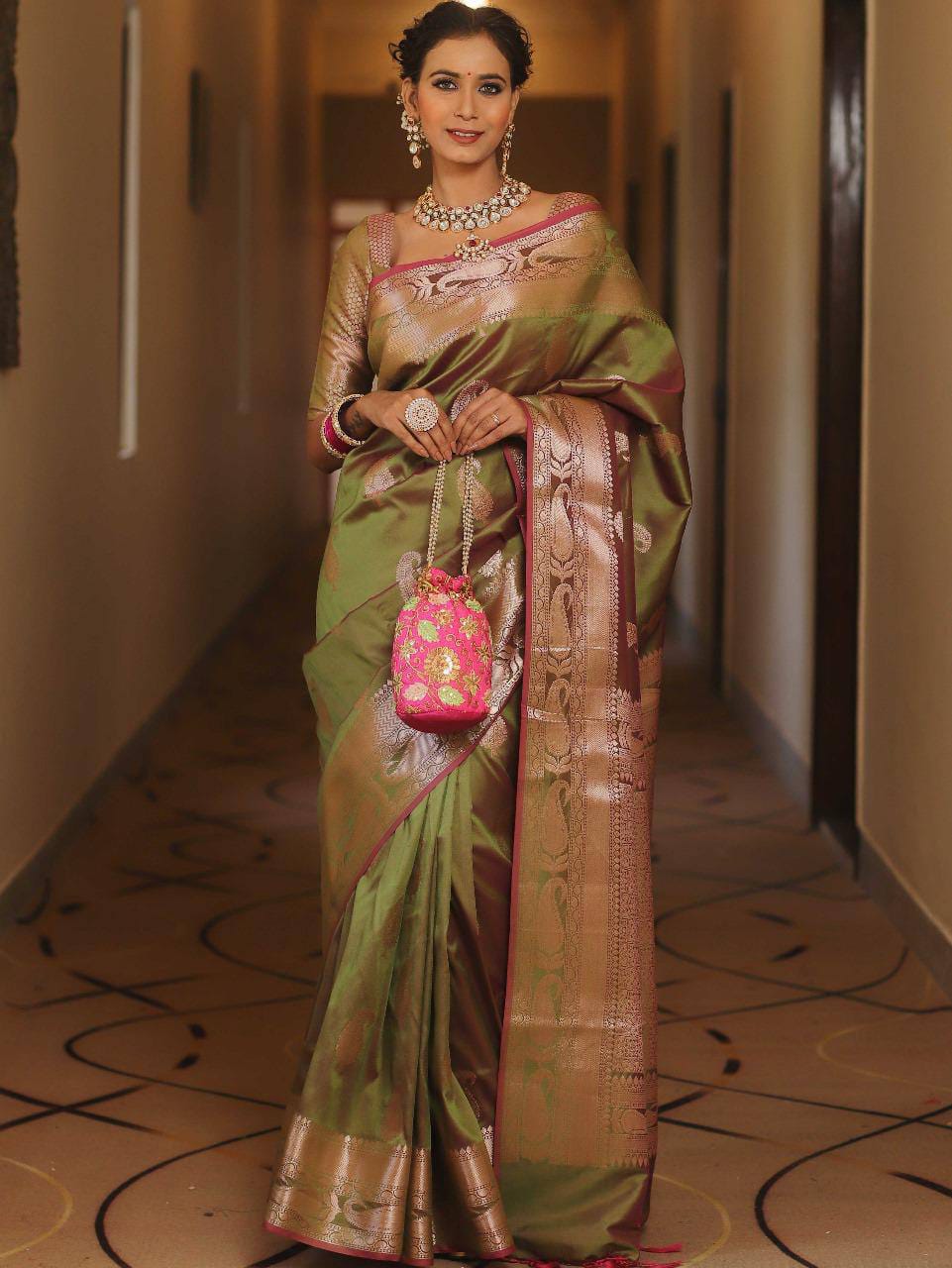 Pure Gold Zari Soft Lichi Silk Saree with Traditional Paisley Butta & Rich Woven Jacquard Pallu