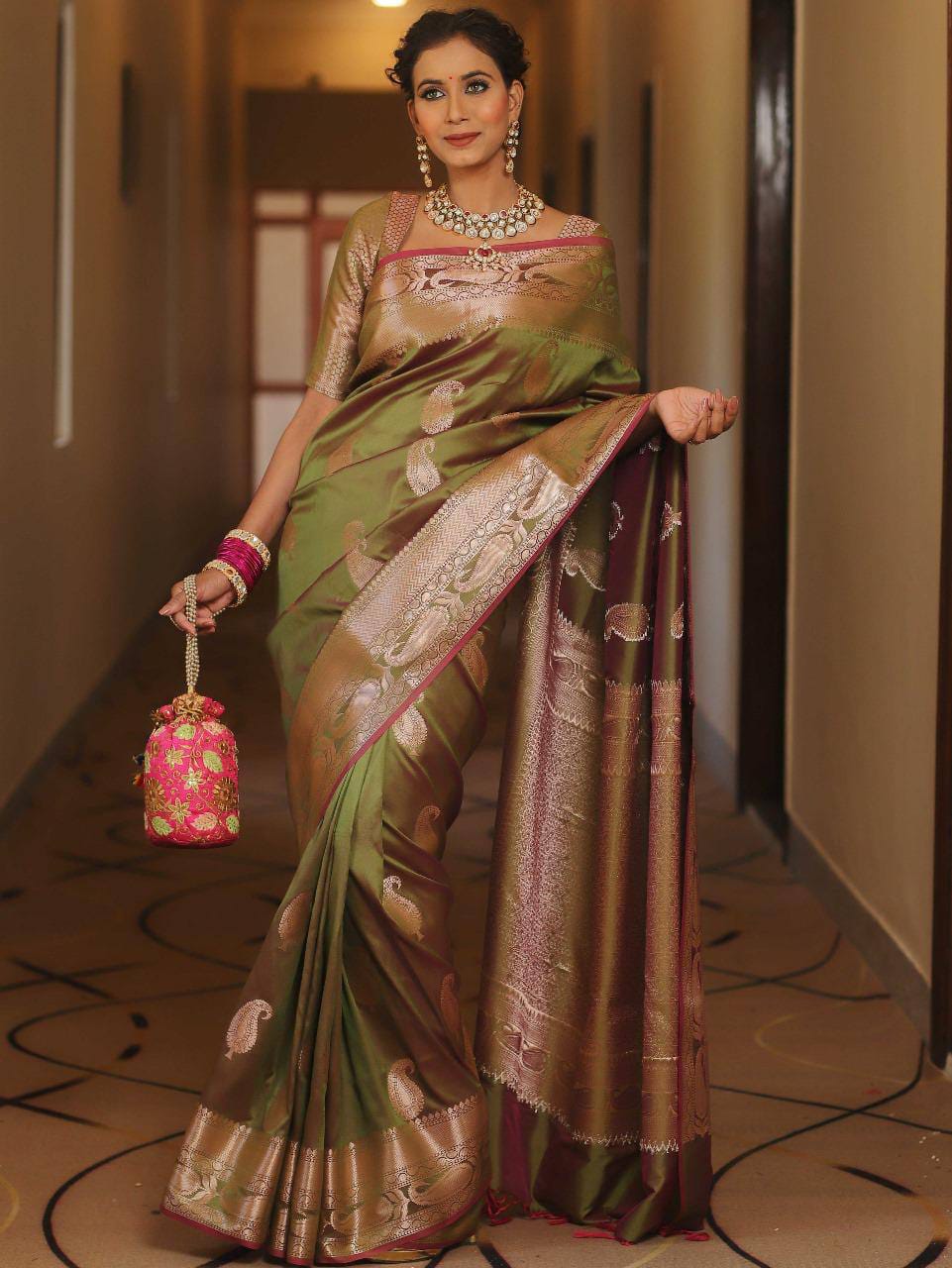 Pure Gold Zari Soft Lichi Silk Saree with Traditional Paisley Butta & Rich Woven Jacquard Pallu