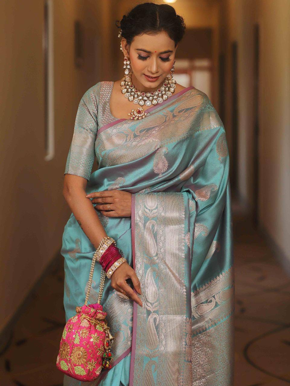 Pure Gold Zari Soft Lichi Silk Saree with Traditional Paisley Butta & Rich Woven Jacquard Pallu