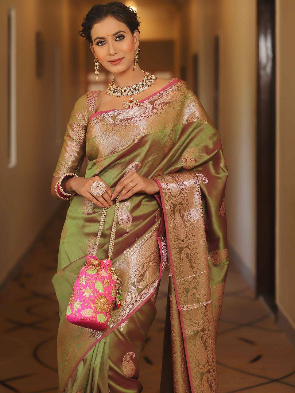 Pure Gold Zari Soft Lichi Silk Saree with Traditional Paisley Butta & Rich Woven Jacquard Pallu