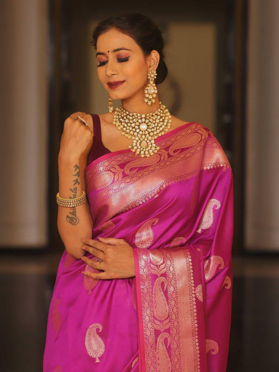 Pure Gold Zari Soft Lichi Silk Saree with Traditional Paisley Butta & Rich Woven Jacquard Pallu