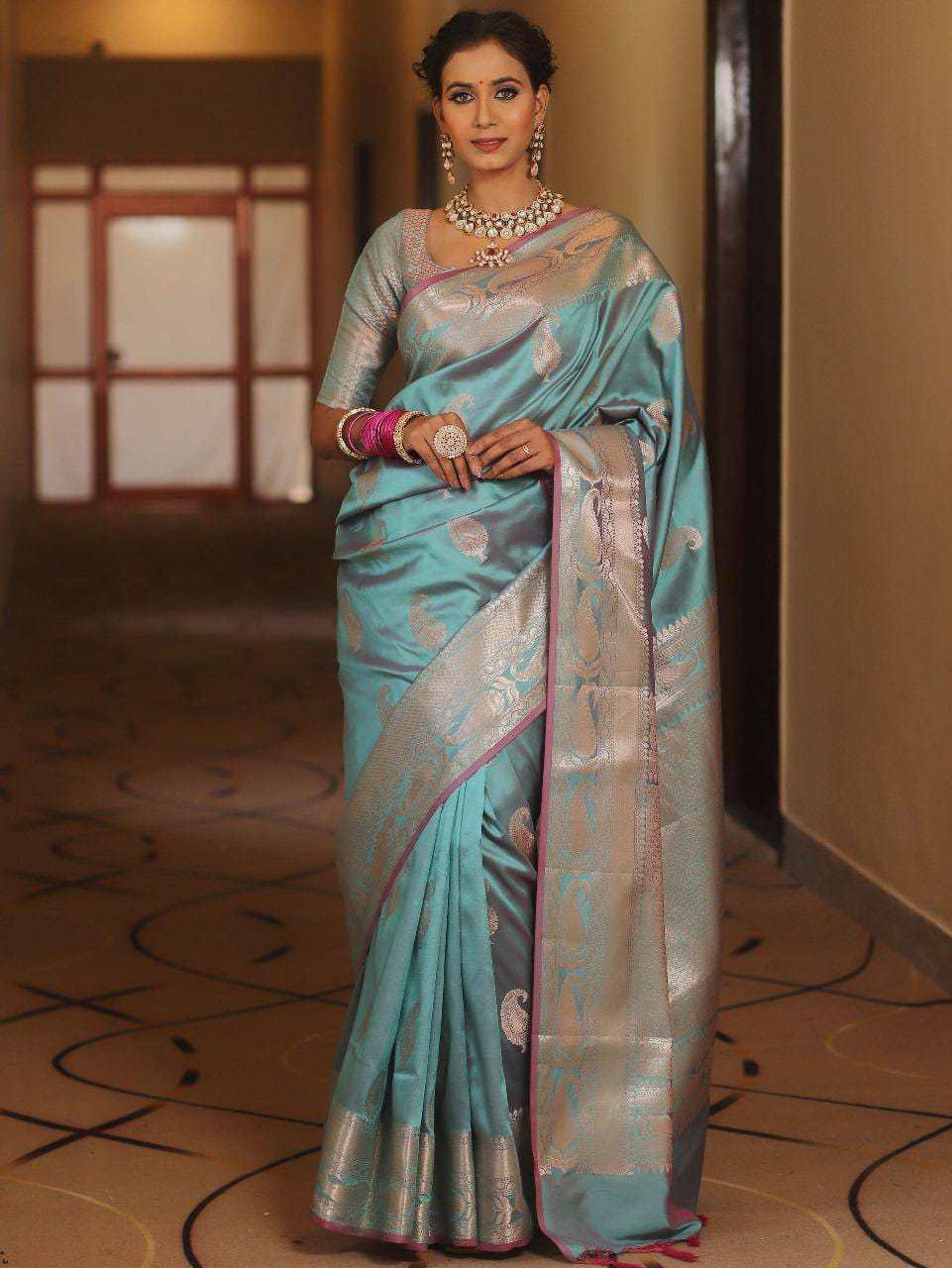 Pure Gold Zari Soft Lichi Silk Saree with Traditional Paisley Butta & Rich Woven Jacquard Pallu