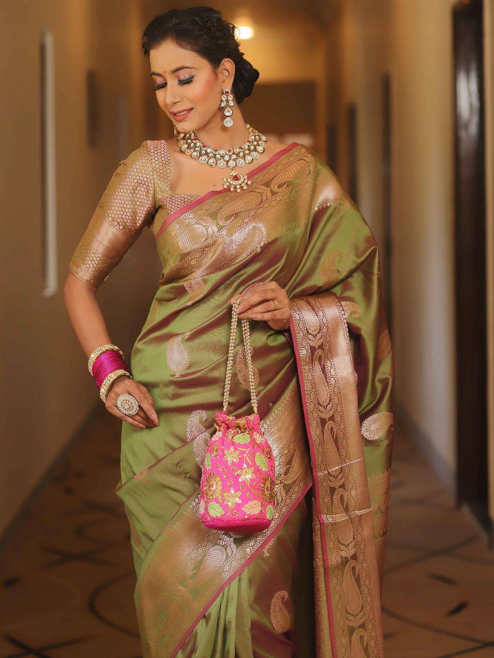 Pure Gold Zari Soft Lichi Silk Saree with Traditional Paisley Butta & Rich Woven Jacquard Pallu