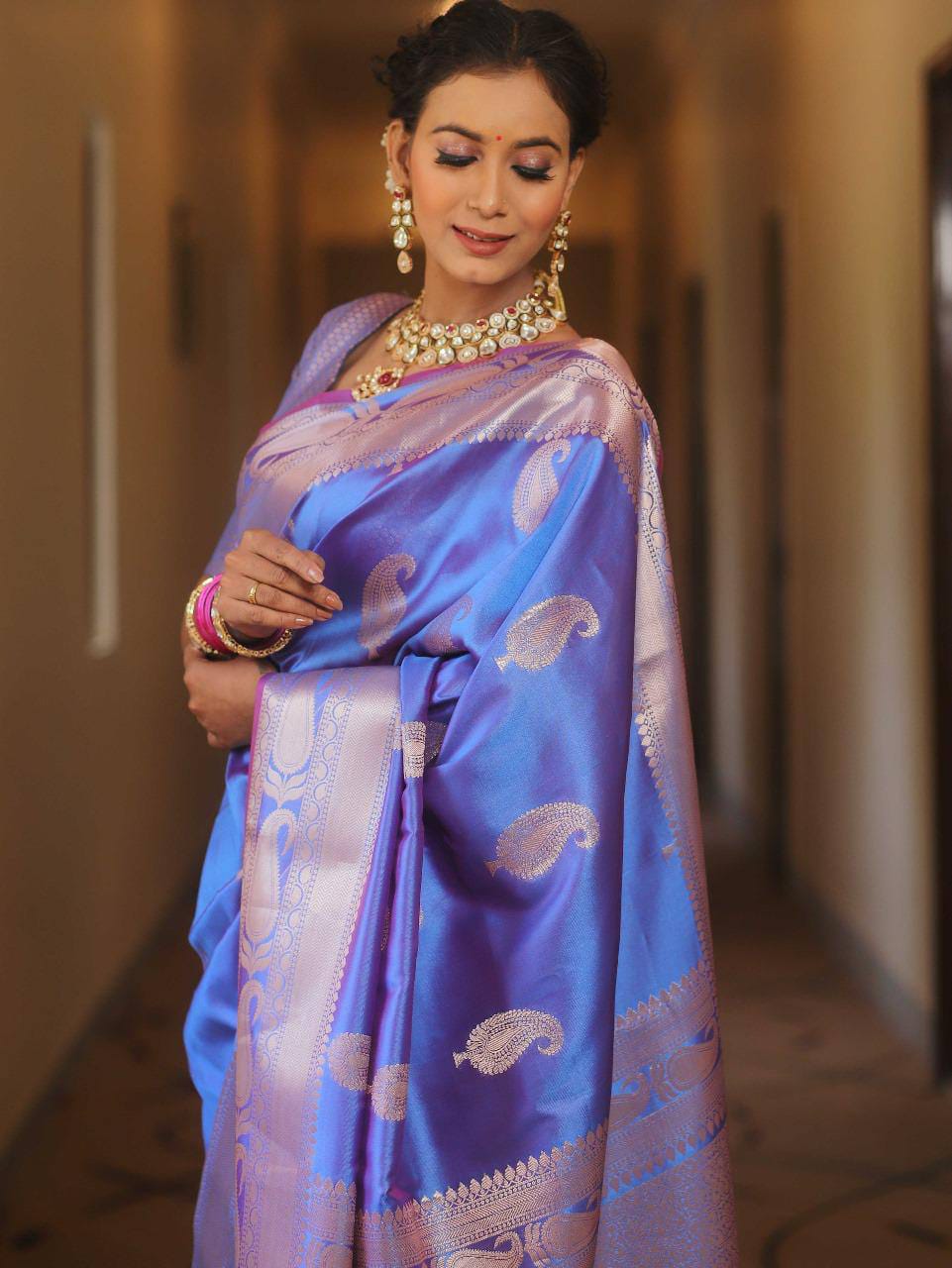 Pure Gold Zari Soft Lichi Silk Saree with Traditional Paisley Butta & Rich Woven Jacquard Pallu