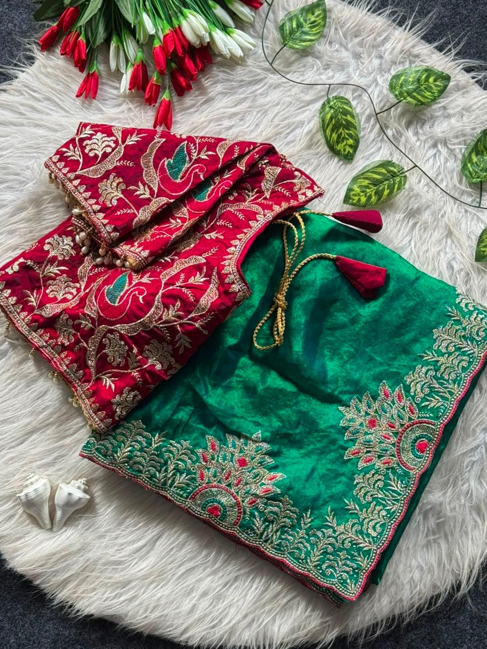 Emerald Green Designer Embroidered Saree with Ready-to-Wear Blouse