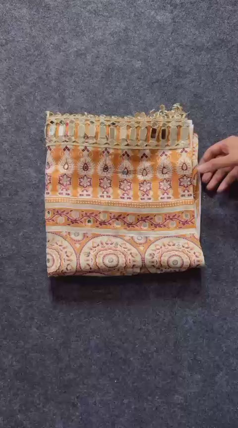 Ajrakh Print Modal Satin Silk Saree with Heavy Mirror Work