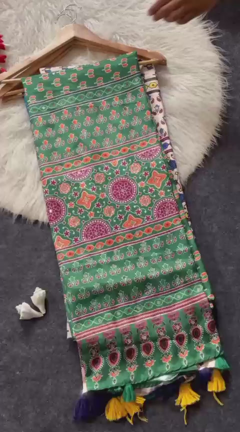 Ajrakh Print Semi Modal Silk Saree with Real Mirror Work