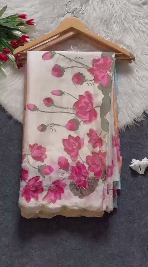 Tabi Silk Lotus Print Saree with Handwork & Patola Blouse