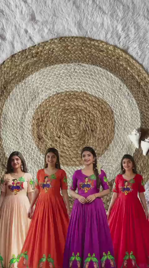 Muslin Kalamkari Print Anarkali Gown with Khatli Handwork
