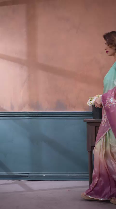 Gold Crush Embroidered Sparrow Work Saree with Silk Blouse