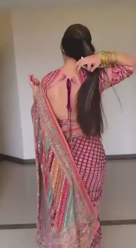 Rangrez Roman Silk Mirror Work Printed Saree with Kodi Latkan