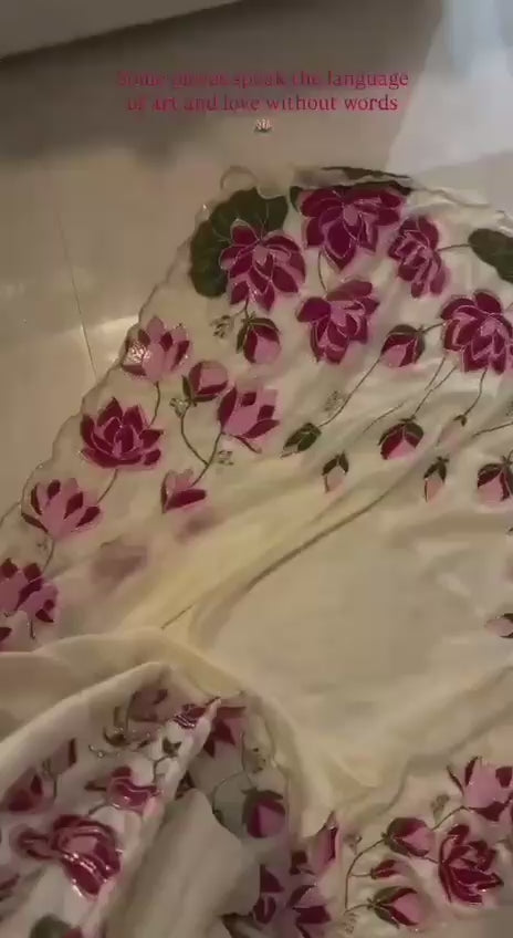 Tabi Silk Lotus Print Saree with Handwork & Patola Blouse
