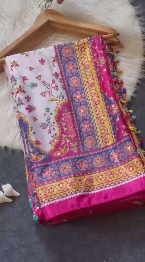 Noorani Modal Ultra Silk Floral Mirror Work Saree with Kodi Latkan